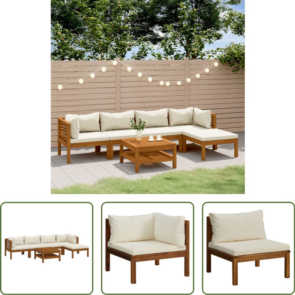 The Living Store 6-tlg. Garten-Lounge-Set mit Creme Kissen Massivholz Akazie
