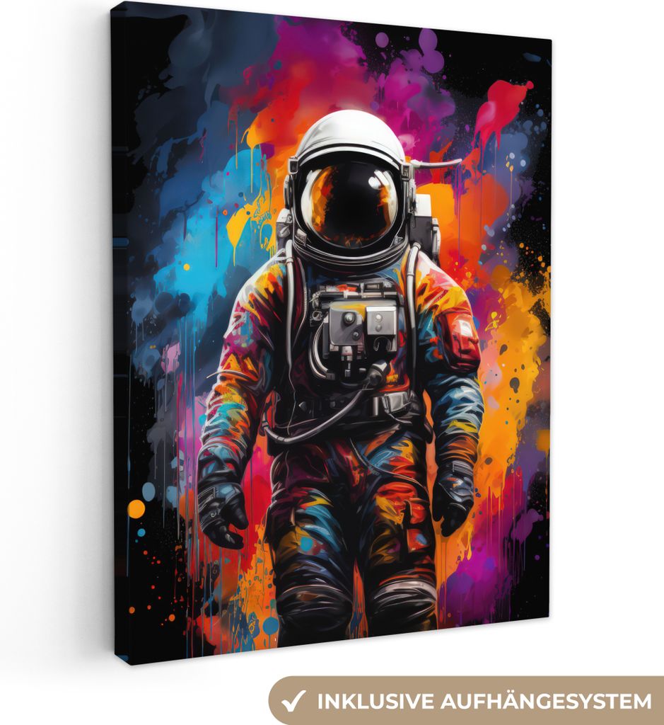 Leinwandbilder 60x80 cm - Graffiti - Astronaut - Schwarz - Farben, Bilder Wohnzimmer Modern, Wanddeko