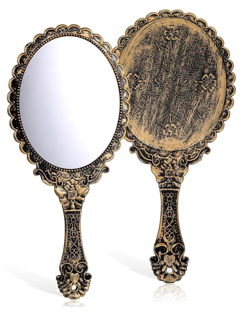 Retro Bronze Vintage Handspiegel mit Griff für Make-up und Schminke - Friseur- und Reisespiegel für Damen