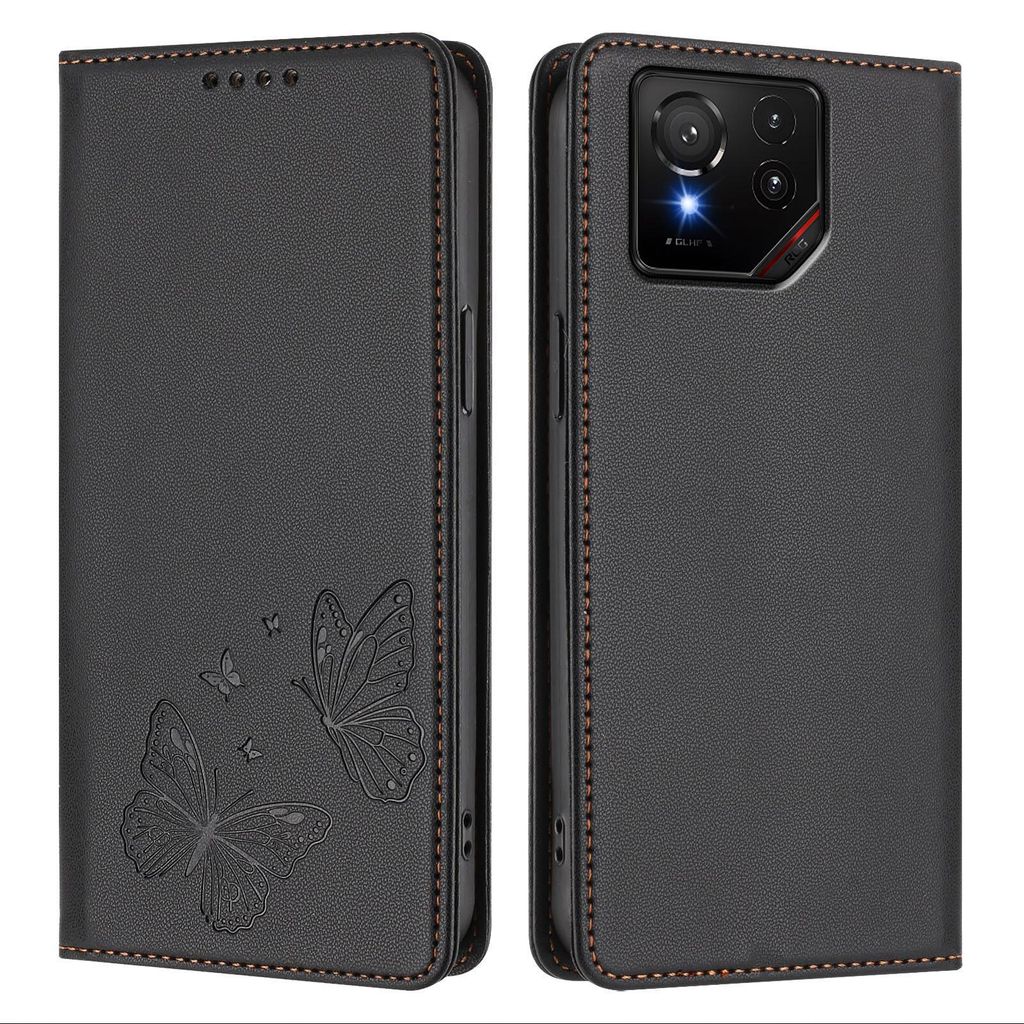 Lederhülle für Asus ROG Phone 9 / 9 Pro, Schmetterling Prägung Leder Brieftasche Schutzhülle mit Ständer Schwarz