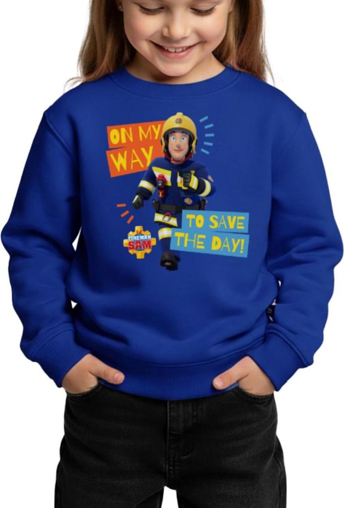 Spreadshirt Feuerwehrmann Sam On My Way To Save The Day Kinder/Teenager Premium Pullover, 158/164 (12 Jahre), Royalblau