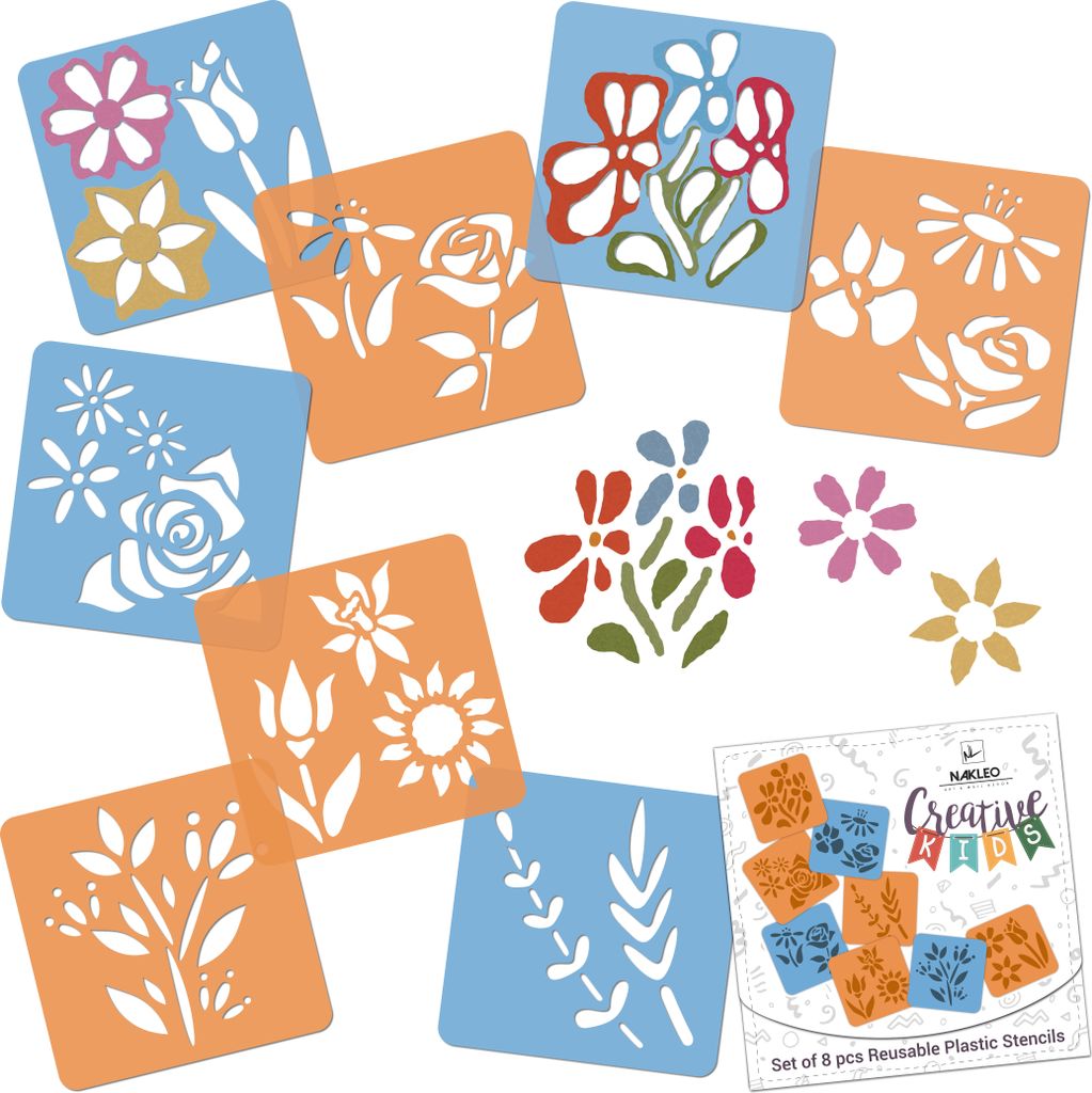 Schablonen Malen für Kinder, 8 Stück Set 15x15 cm Blumen, Produktbild 