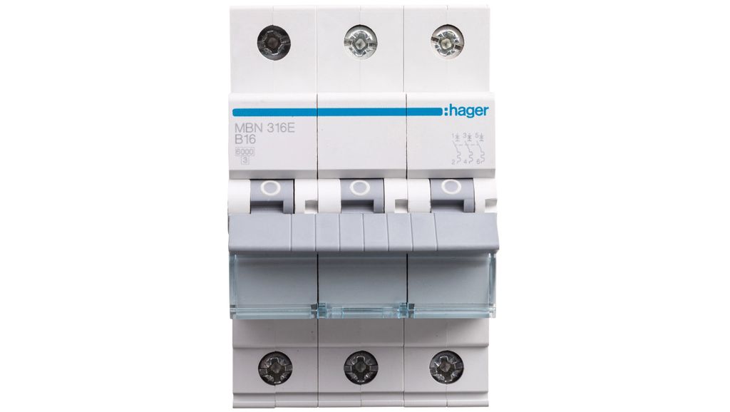 A close-up, front-facing studio shot of a three-pole circuit breaker.