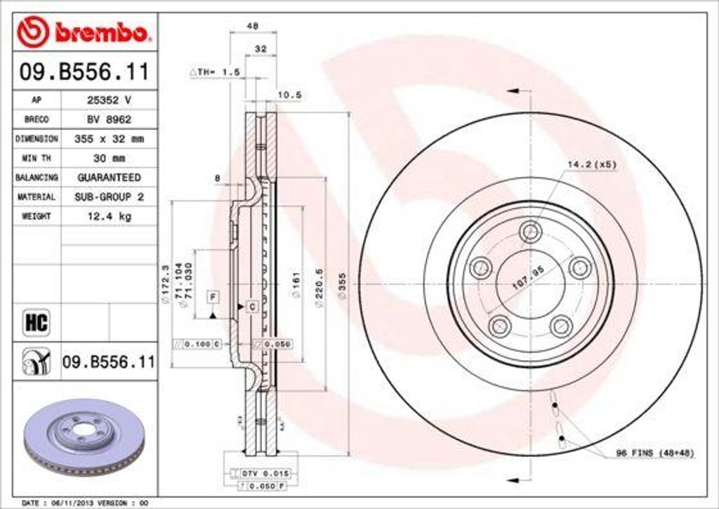 BREMBO 09.B556.11 Bremsscheibe OE C2C25337 kompatibel mit XK, XJ, XF, F-Type