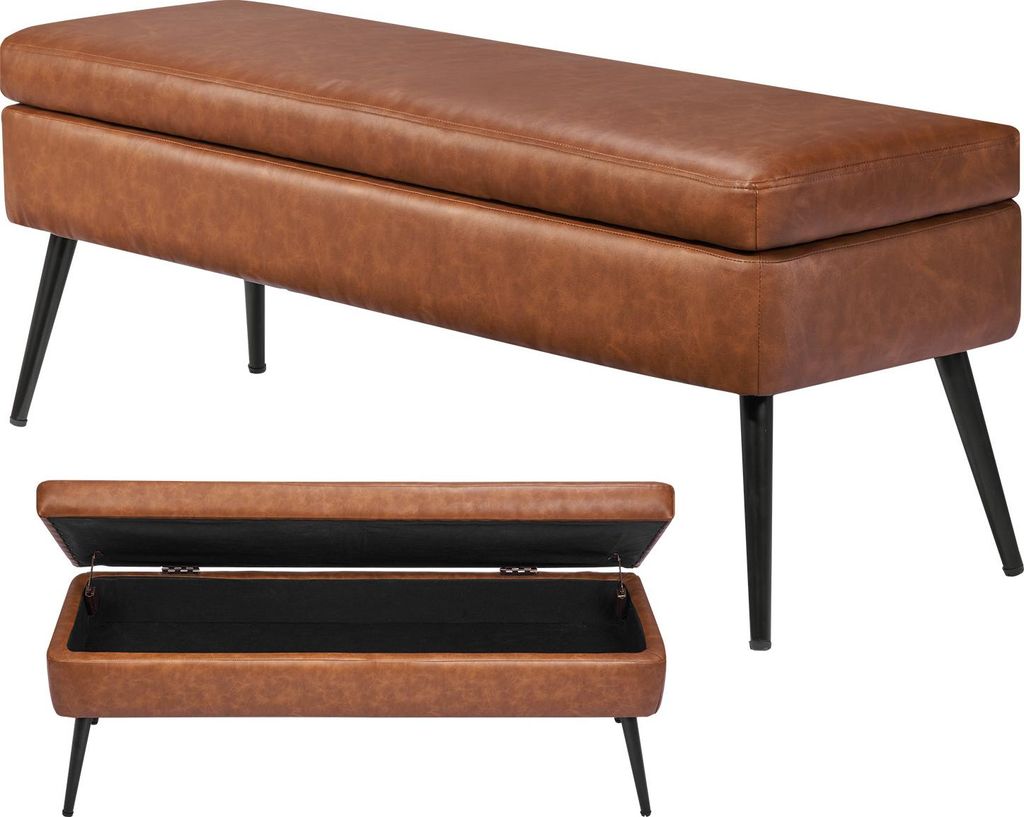 A brown faux leather storage bench with black metal legs is shown from two angles: one showing the bench closed and the other showing it open to reveal the storage compartment.