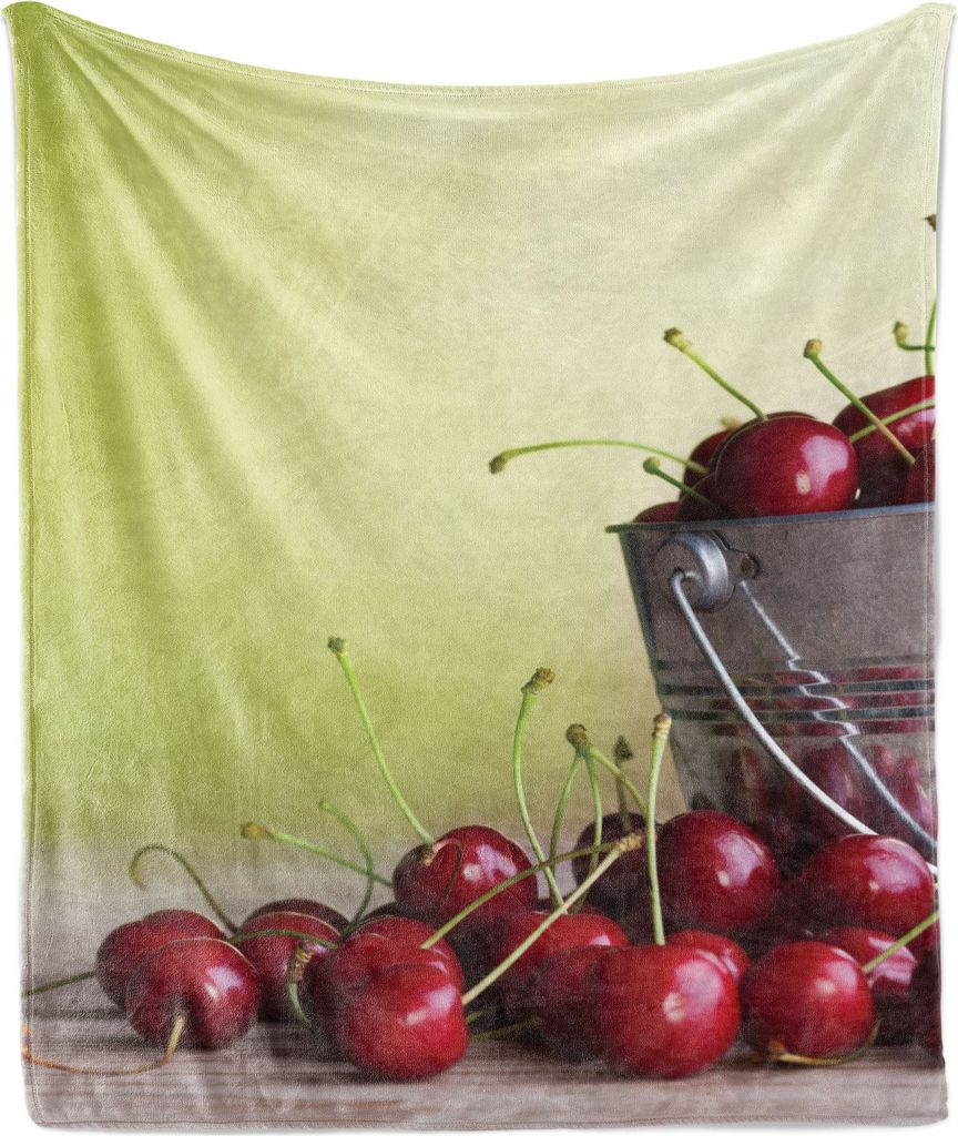 ABAKUHAUS Land Weich Flanell Fleece Decke, Kirschen Eimer auf Ombre, Gemütlicher Plüsch für den Innen- und Außenbereich, 125 x 175 cm, rot grün