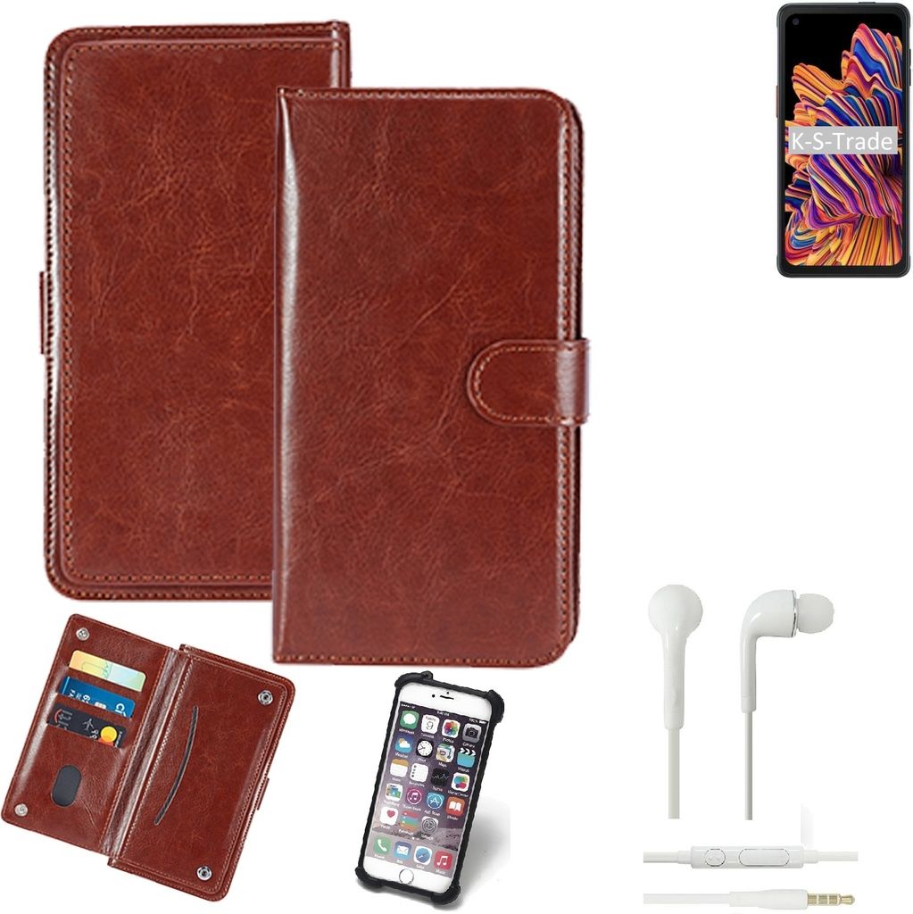 K-S-Trade 360° Hülle kompatibel mit Samsung Galaxy XCover Pro inkl. Headphones braun Kunstleder Case BookCase WalletCase Kunstlederederhülle