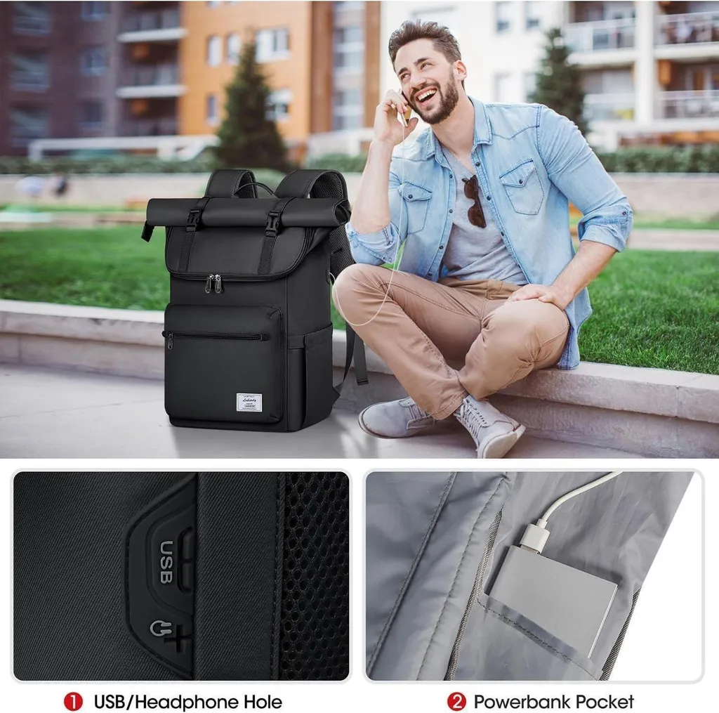 Sac à dos Rolltop imperméable avec compartiment PC 17,3 pouces noir - 6