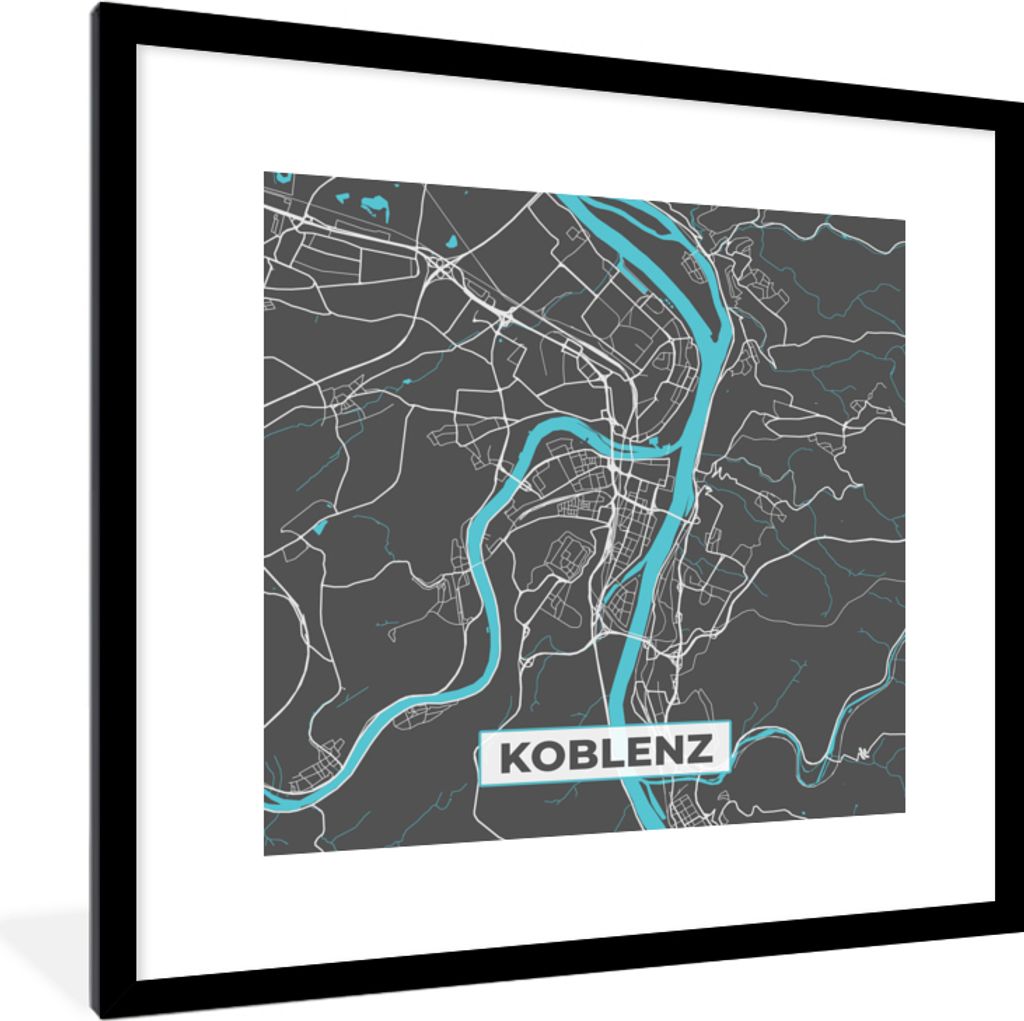 MuchoWow Gerahmtes Poster Deutschland - Blau - Koblenz - Stadtplan - Karte 40x40 cm - Poster mit Schwarzem Bilderrahmen Wandposter Rahmen Foto Bi...