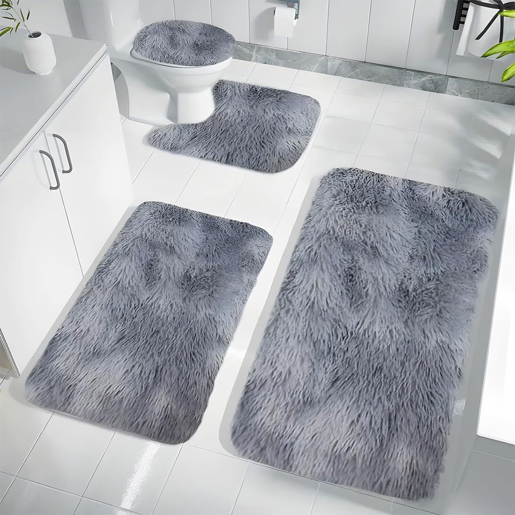 WC-Matten-Set, 4-teilig, mit Aussparungen, rutschfeste Badematten 40x60+40x50+40x40+40x80cm, waschbare Polyester-Badematten in Hellgrau