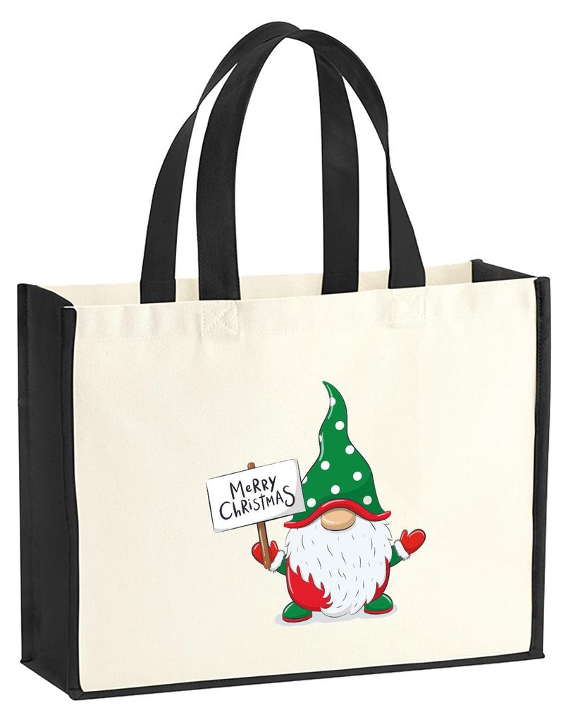 Huuraa Jutetasche Wichtel Merry Christmas 21 Liter Black Jute und Baumwolle Einkaufstasche Geschenkidee