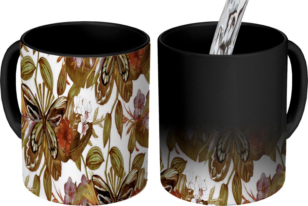 MuchoWow Zauber Tasse Zaubertasse Magic Schmetterling - Blumen - Vintage - Muster 350 ml Farbwechsel Becher Geschenk Geschenkidee - Magic-Tasse -...