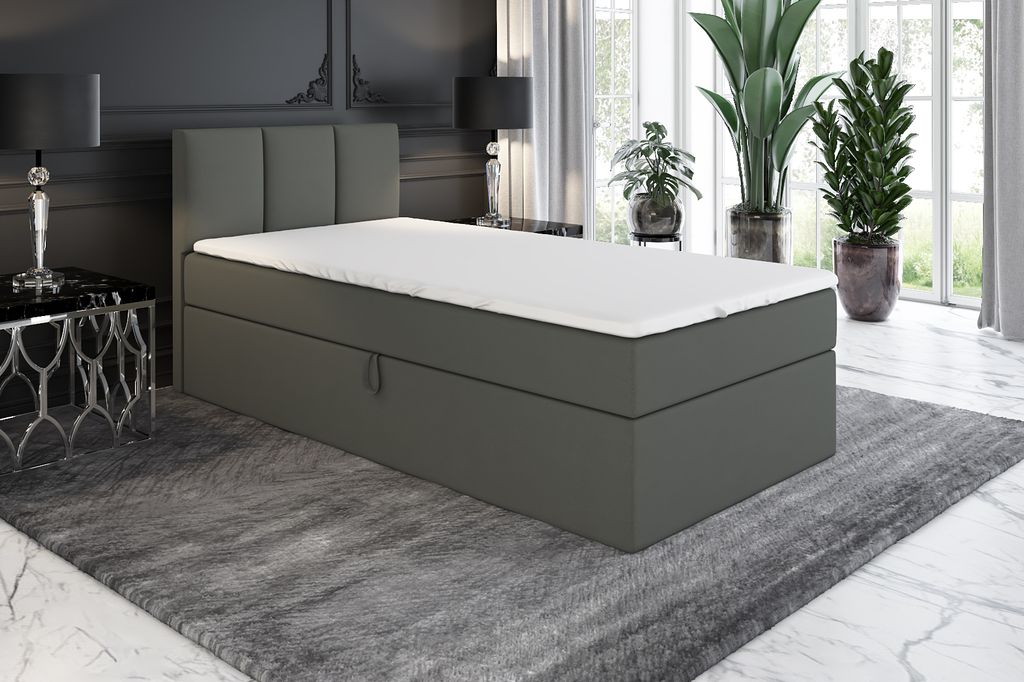 Boxspringbett, Jugendbett NASI 90x200 (Rechts) mit Bettkästen, Bonell-Matratze und Topper. Farbe: Dunkelgrau.