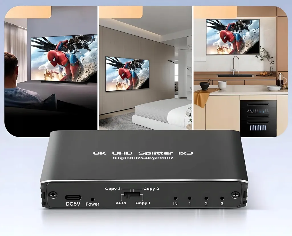 Hdmi 2.1 Splitter 1X3 Ultrahd Splitter Hdcp 2.3 8K60Hz 4K 120Hz - 3 Tv - 6