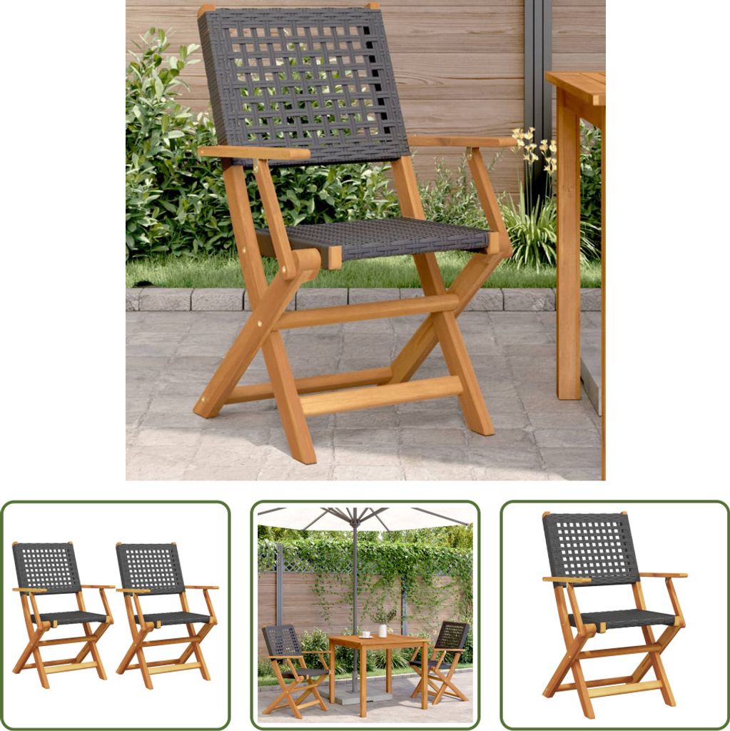 The Living Store Gartenstühle 2 Stk. Schwarz Massivholz Akazie und Poly Rattan
