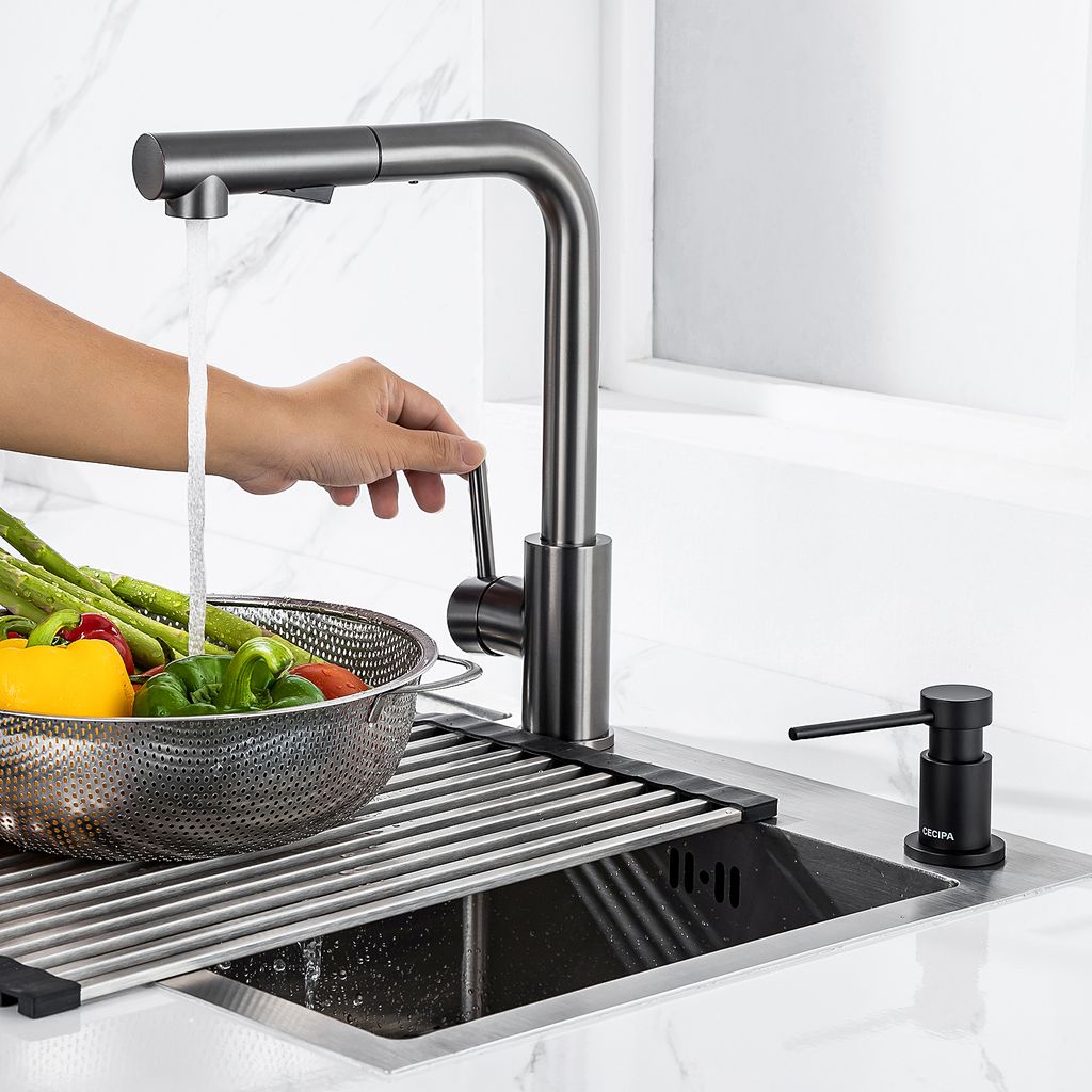 Wasserhahn Küche Ausziehbar Küchenarmatur mit 2 Strahlarten Spültischarmatur 360° Schwenkbar Mischbatterie Küche Schwarz,Seifenspender