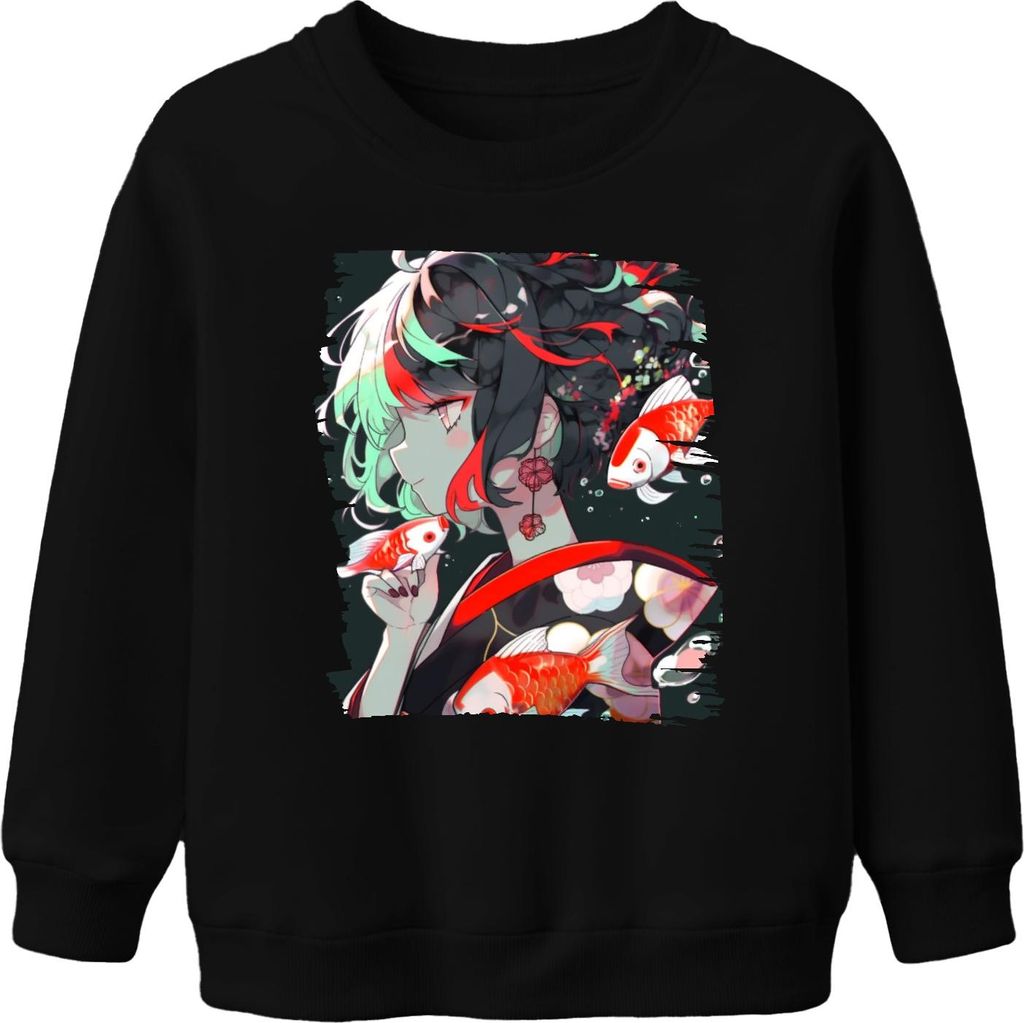 Anime Mädchen im Kimono Koi Karpfen Japanische Kunst Illustration Uni Kinder Sweatshirt Pullover, Schwarz, 116