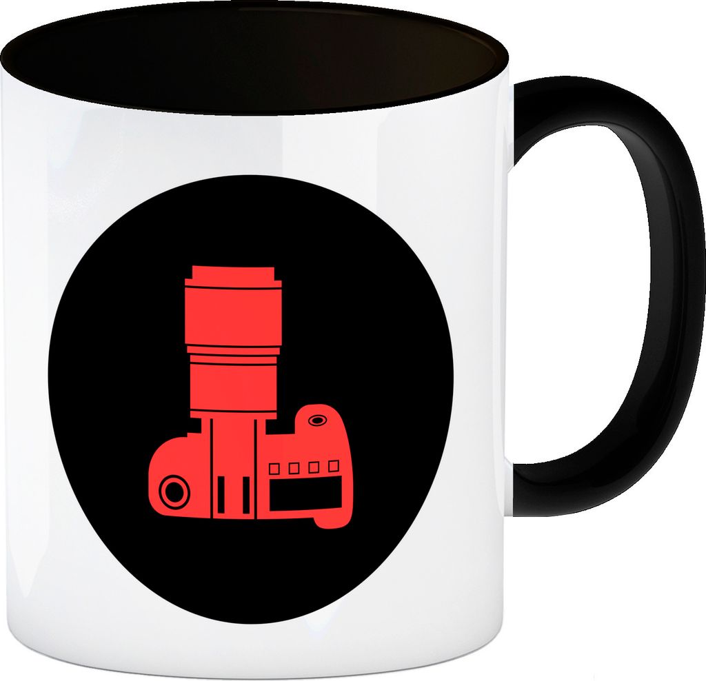 Fotografie Kaffeebecher in schwarz mit Kamera Motiv in Rot