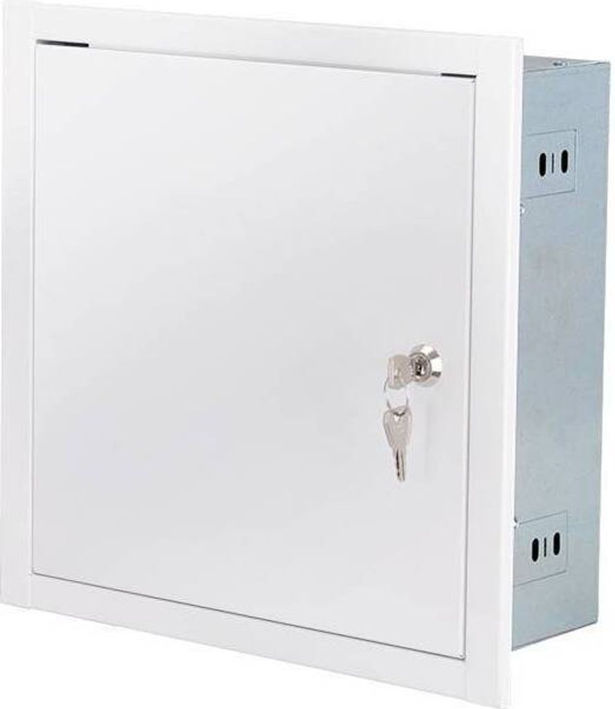 A white metal telecommunications housing with a key lock is shown against a white background.