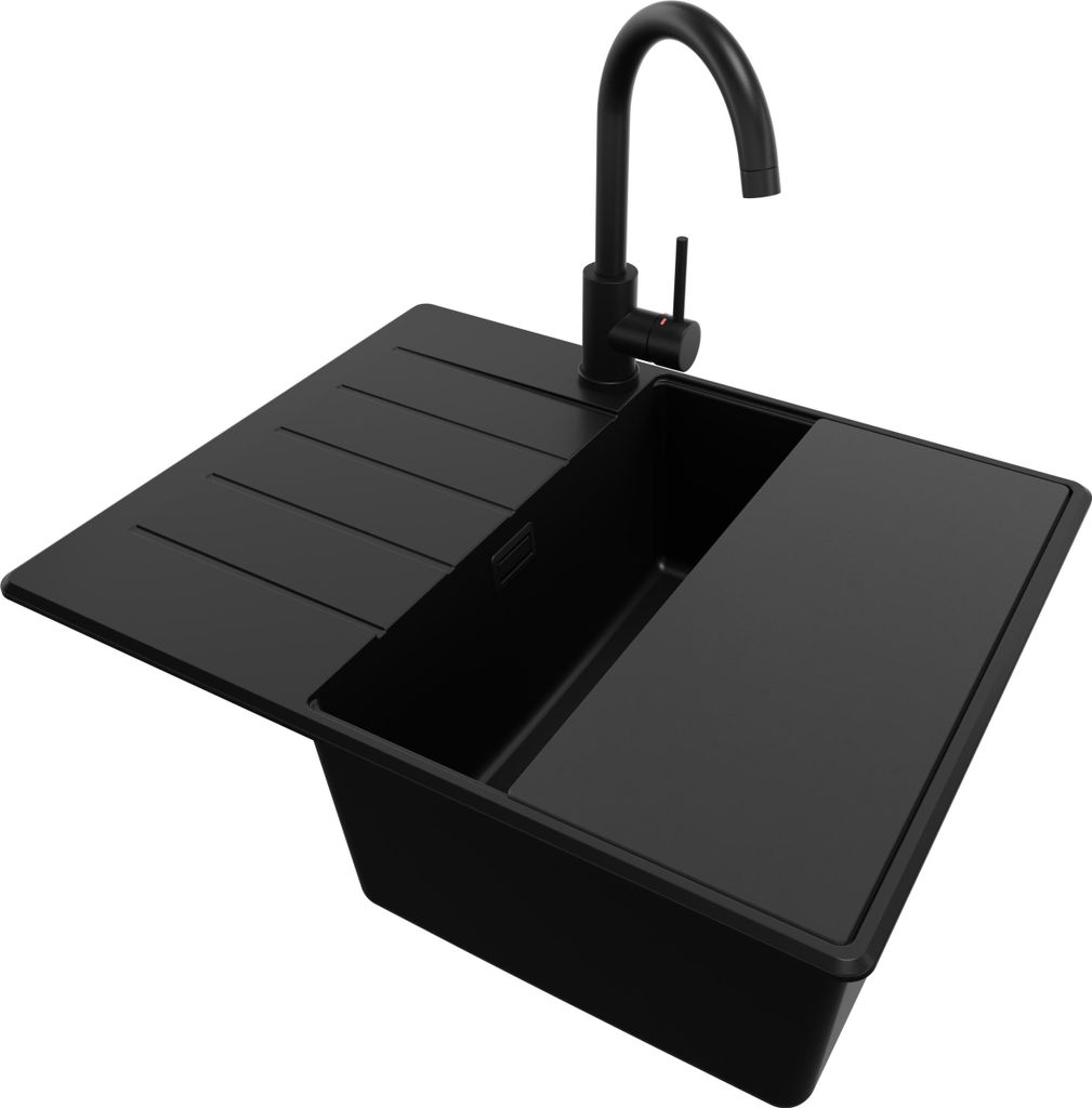 PRIMAGRAN Granitspüle Alles Schwarz 62x50cm, Spülbecken 1 Becken + Ablauf-Set + Küchenzubehörset, Küchenspüle ab 45er Unterschrank - Kopenhagen