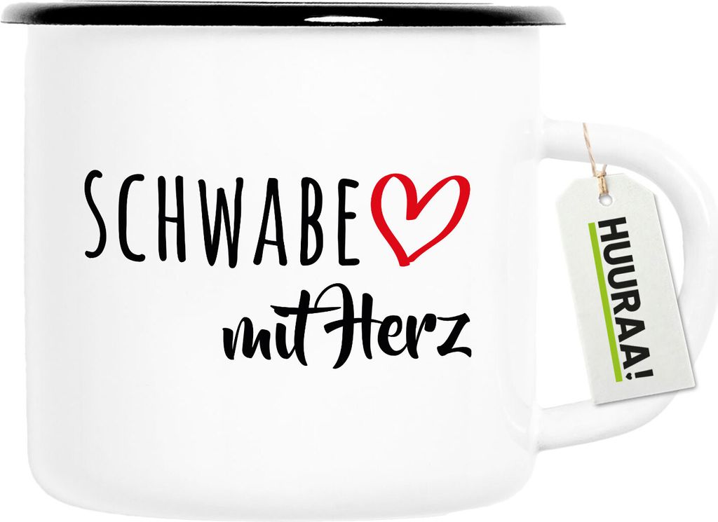Huuraa Emaille Tasse Schwabe mit Herz 300ml Vintage Campingbecher Geschenkidee