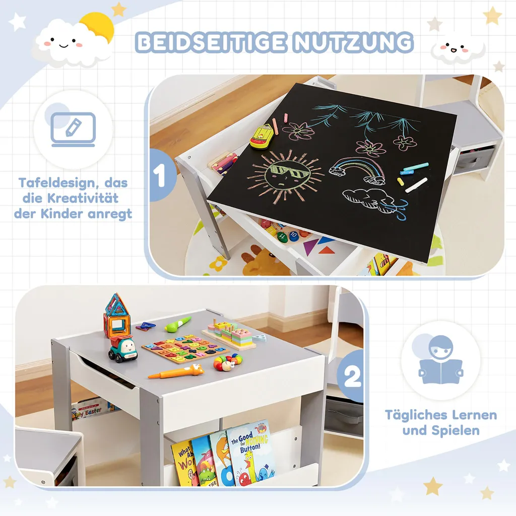 Table Enfant avec Tableau Noir et 2 Chaises Grises à Grand Rangement