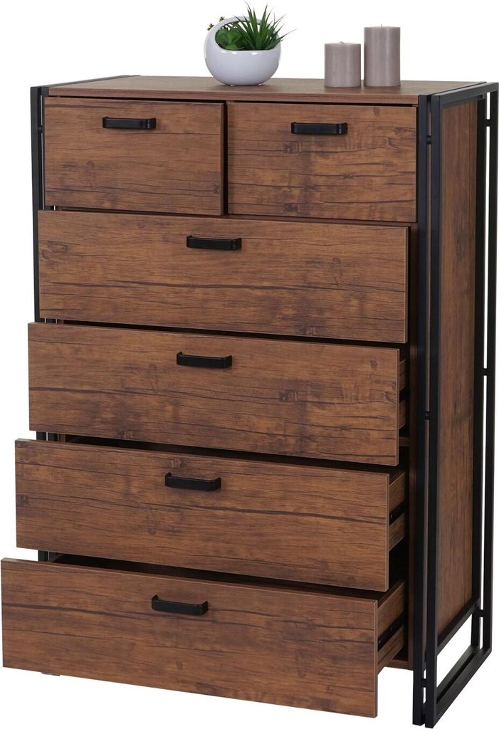Highboard HWC-A27, Kommode Schrank, 6 Schubladen 115x80x40cm 3D-Struktur, Wildeiche-Optik