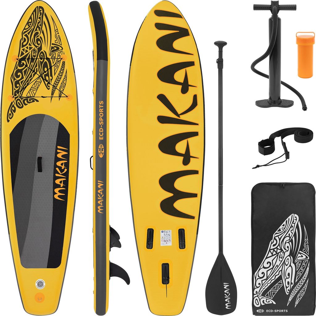 ECD Germany Aufblasbares Stand Up Paddle Board Makani, 320 x 80 x 15 cm, Gelb, PVC, Traglast bis 120 kg, Pumpe Tragetasche Zubehör