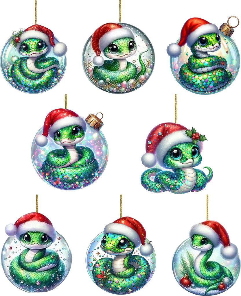 Schlangen-Weihnachtsornament, flach, 2D-Acryl, Cartoon-Schlangenanhänger, festliches Weihnachtsmannmützen-Schlangenornament für Baum, Tür, Kami...