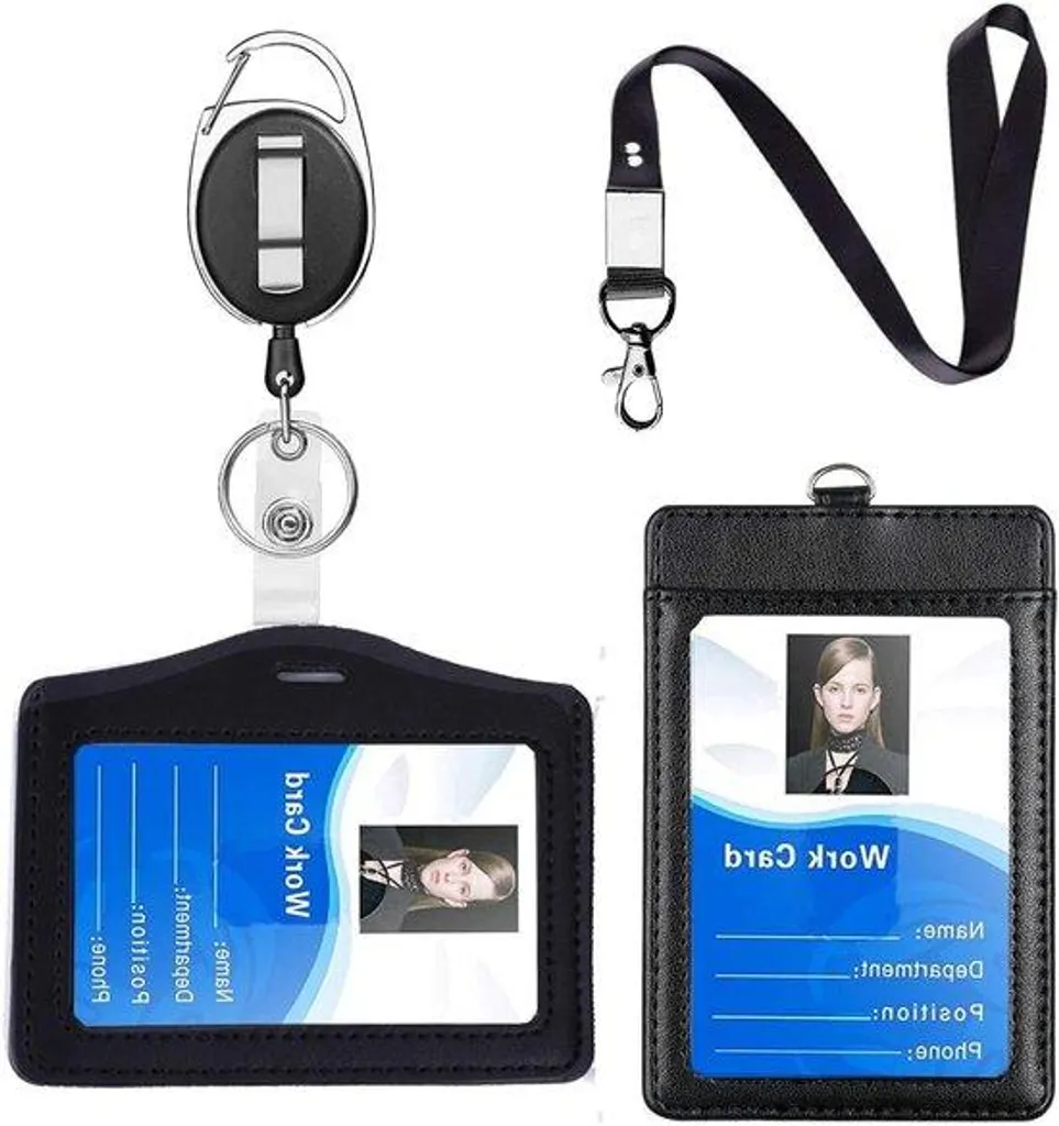 Porte-badge tour de cou en cuir noir pour carte d'accès professionnel