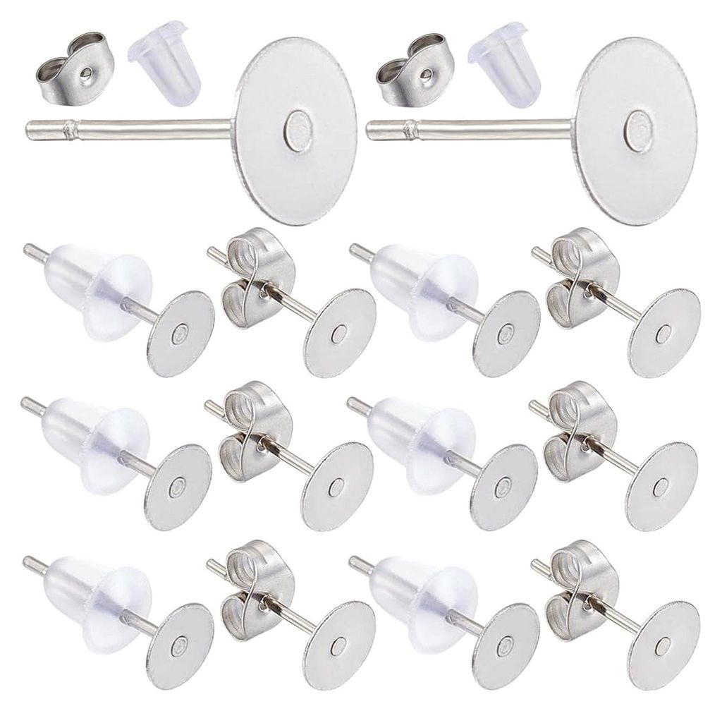 900 Stück 6 mm 304 Edelstahl Ohrstecker Flache Ohrstecker mit Polster Silberfarbene Runde Cabochon Fassungen Klare Ohrstecker und Verschlüsse zur...