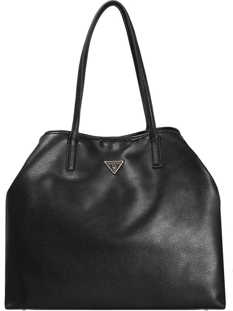 A black leather tote bag with a silver logo.
