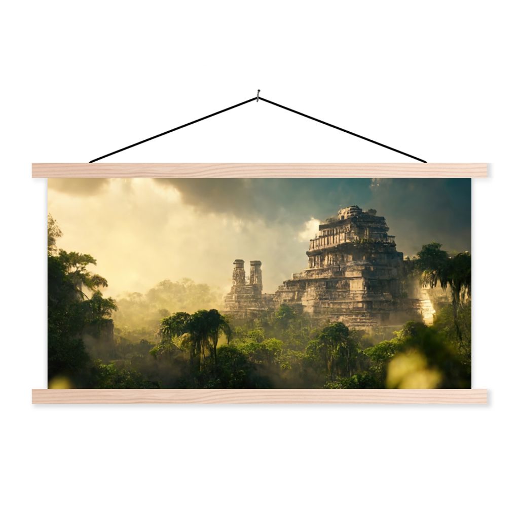 MuchoWow Textilposter Tempel - Dschungel - Wolken - Himmel - Natur 60x30 cm mit holzfarbenen Rahmen - Dekoration