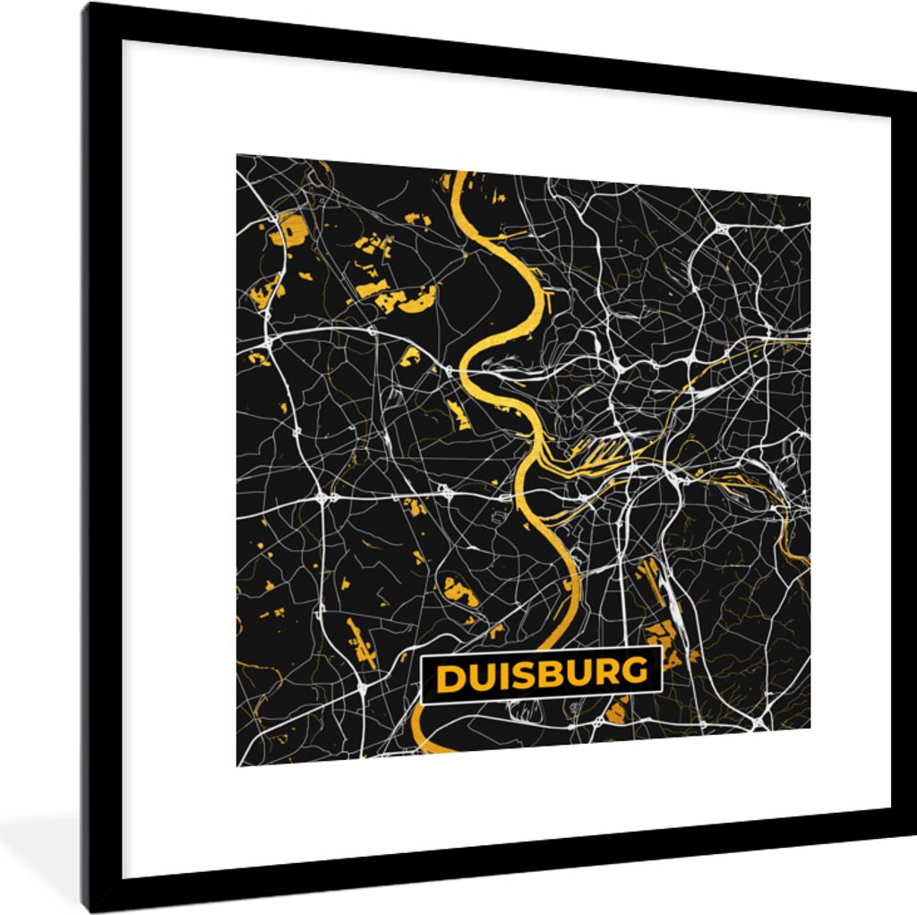 MuchoWow Gerahmtes Poster Duisburg - Deutschland - Stadtplan - Karte - Gold 40x40 cm - Poster mit Schwarzem Bilderrahmen Wandposter Rahmen Foto B...