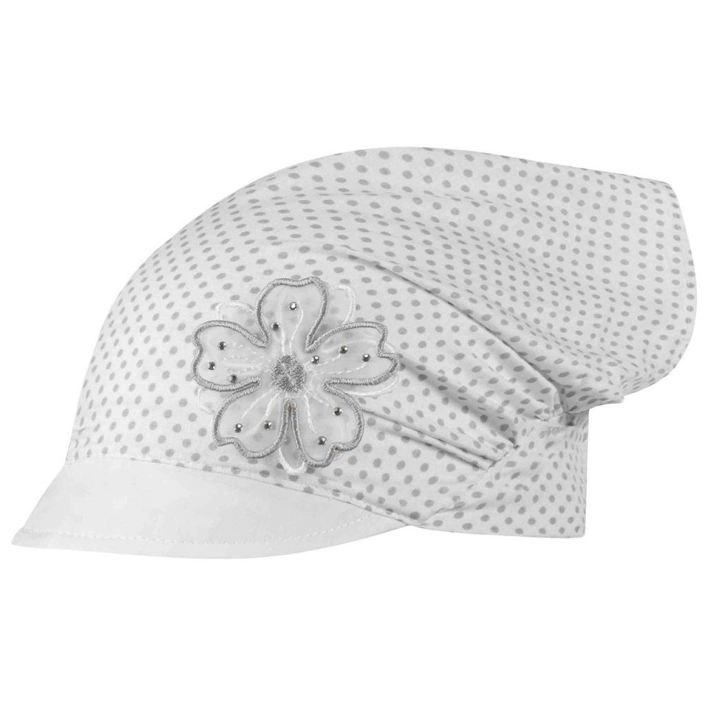 Kopftuch Mütze Schirmmütze Mädchen Sommer Baumwolle Punkte Blume, Weiß-Grau, Gr. 44/46