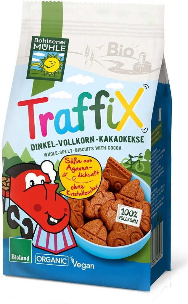 -DINKEL-KAKAO-KEKSE FÜR KINDER „FAHRZEUGE“ 125 g – BOHLSENER MÜHLE