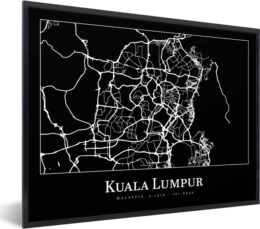 MuchoWow Gerahmtes Poster Stadtplan - Kuala Lumpur - Karte 40x30 cm - Poster mit Schwarzem Bilderrahmen Wandposter Rahmen Foto Bilder - Kunstpost...