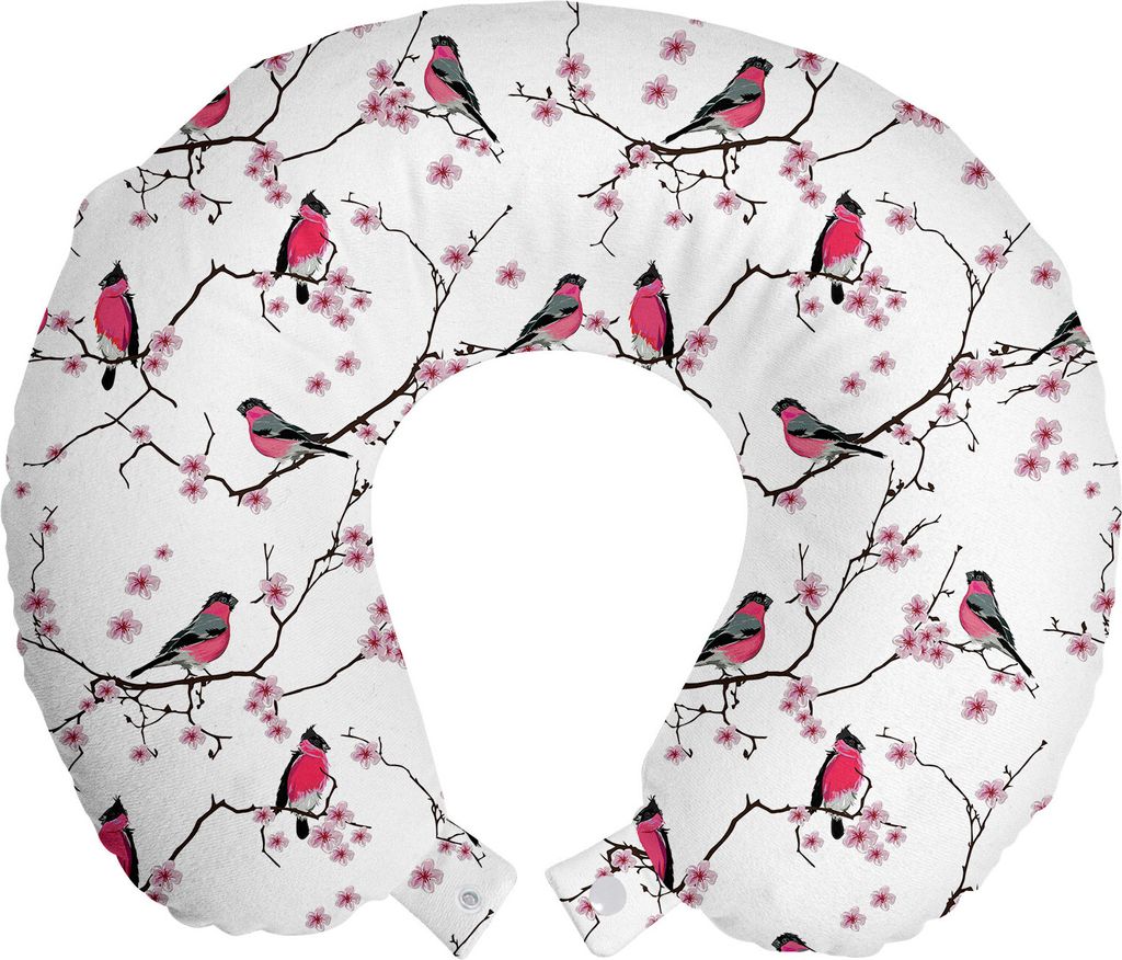 ABAKUHAUS asiatisch Reisekissen Nackenkissen, Dompfaff Vögel Sakura, Schaumstoff Reiseartikel für Flugzeug und Auto, 30x30 cm, Schwarz Grau Rosa