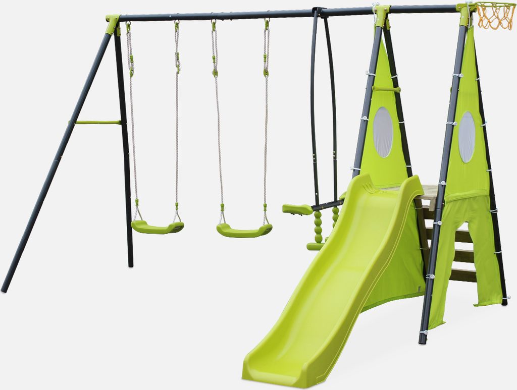 Altalena da giardino con scivolo e canestro, 6 posti, Verde Immagine del prodotto 
