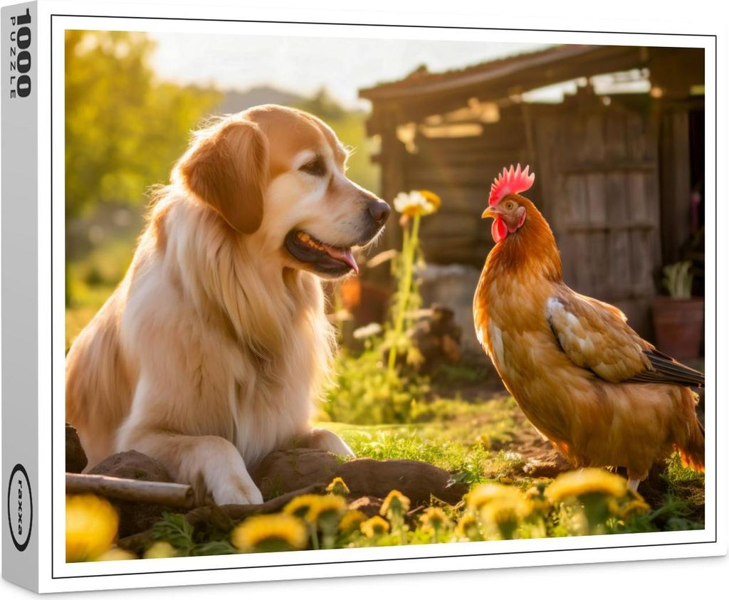 raxxa Premium-Puzzle "Sunny Day Buddies: Labrador and Hen Bask in Garden Salad Bed", 1000 Teile