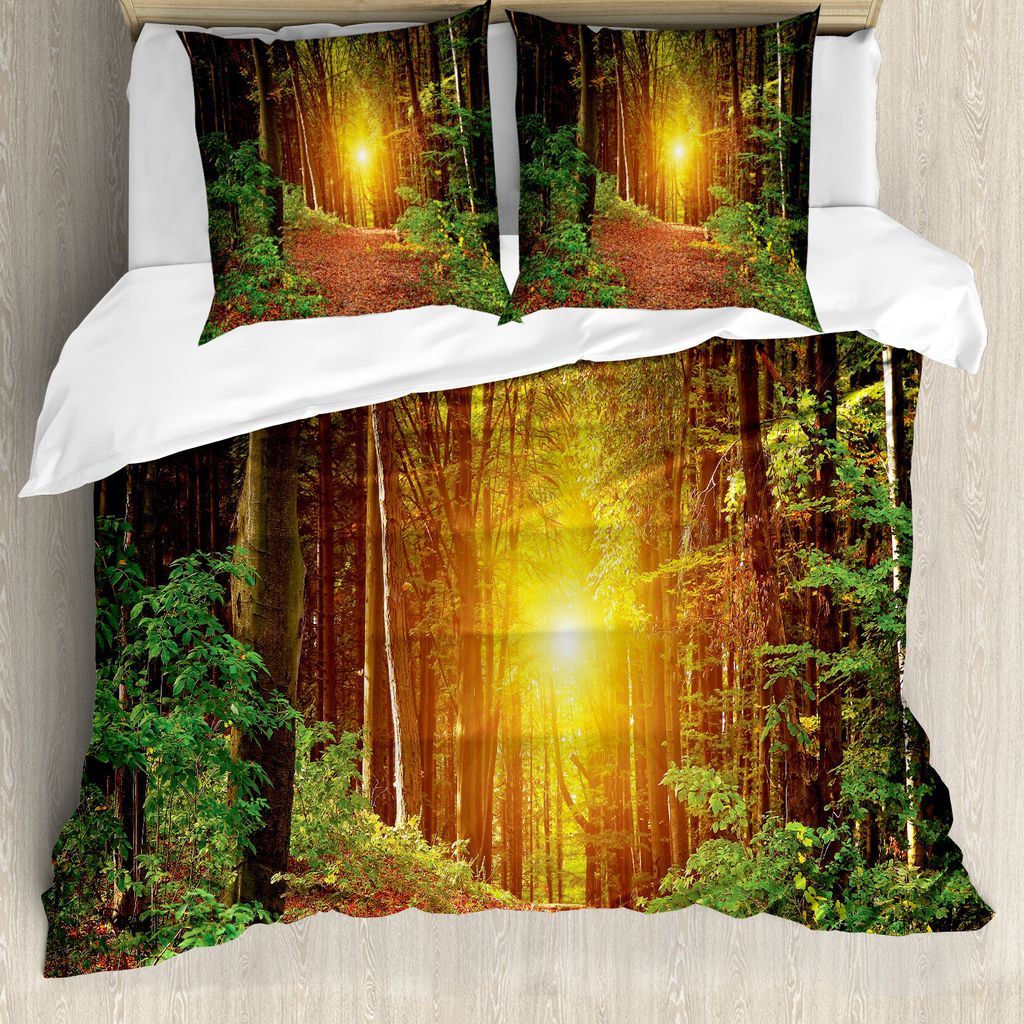 ABAKUHAUS Wald Bettbezug, Pathway to Timber, Milbensicher Allergiker geeignet mit Kissenbezügen, 155 cm x 220 cm - 80 x 80 cm, Grün Braun