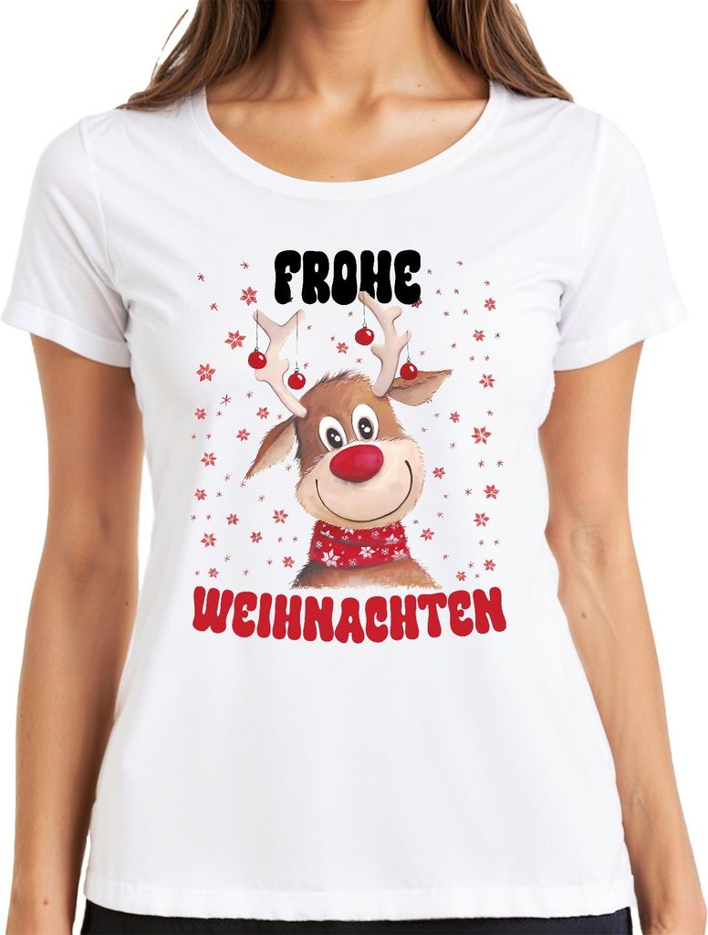 Frohe Weihnachten Süßes Reh Rentier - Weihnachten Xmas Christmas Damen T-Shirt, Weiß, L