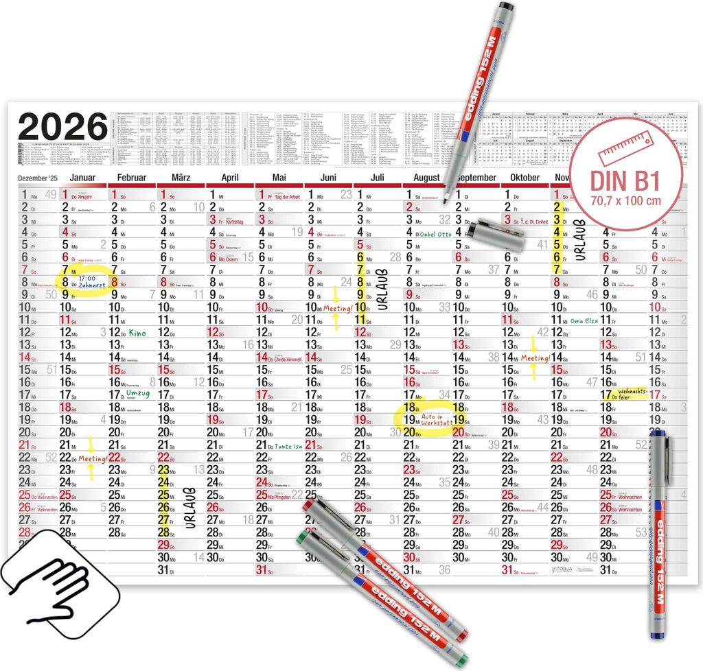 XXL Wandkalender abwischbar 2026 - gerollter Versand inkl. 4 Stifte | Großer Jahresplaner abwischbar Kalender 2026 | Größer als A1