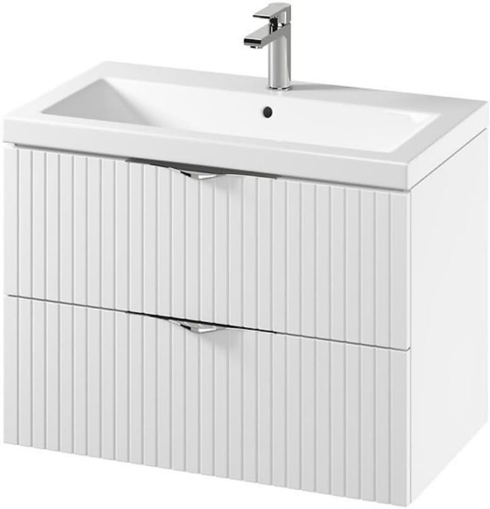 VBChome Waschtisch mit Unterschrank 80 cm Weiß Fronten mit Rillenstruktur Hängendes Badmöbel Set mit 2 Soft-Close Schubladen Keramik Waschbecken