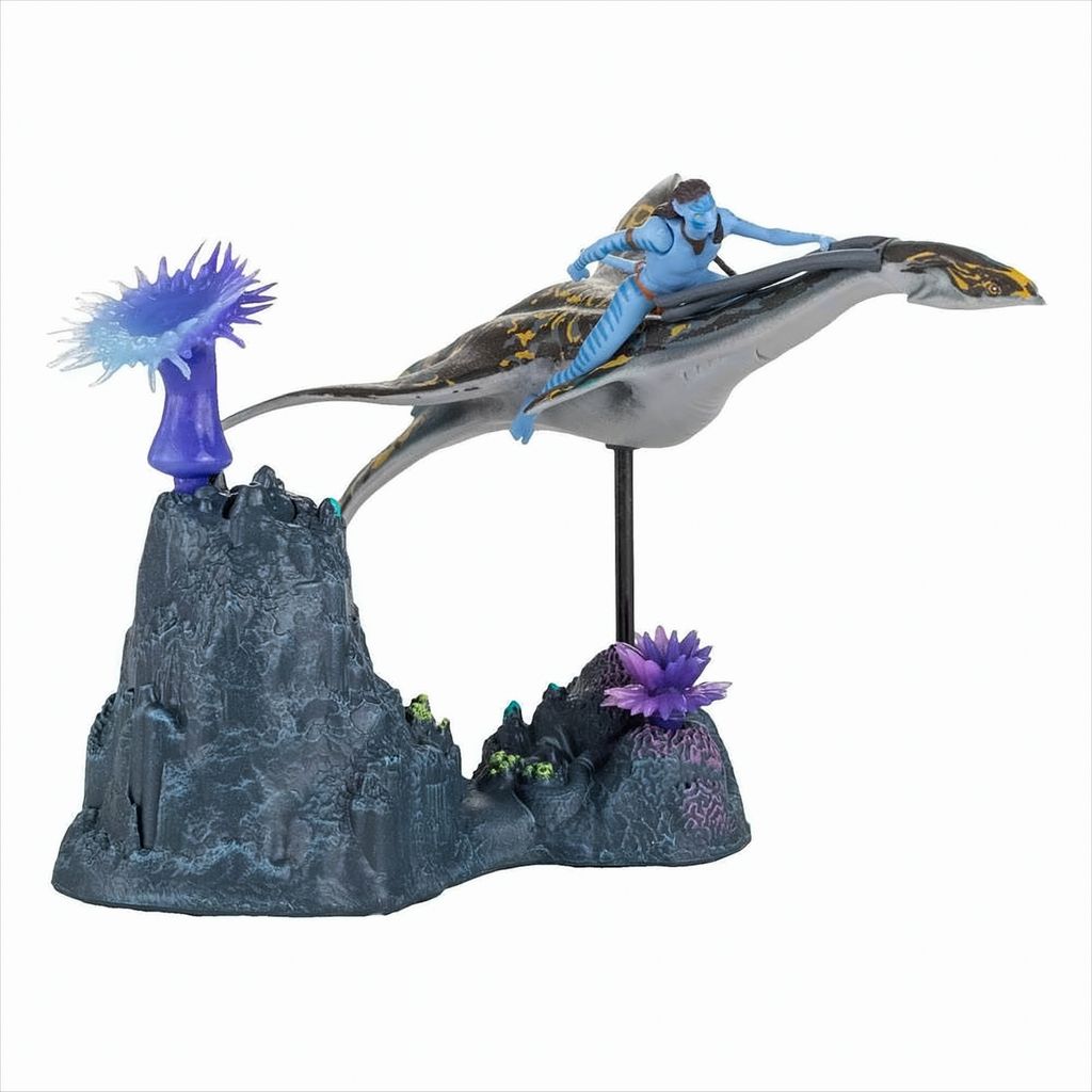 A toy figure of a Na'vi character riding a sea creature, displayed on a rocky, coral-like base with alien flora.