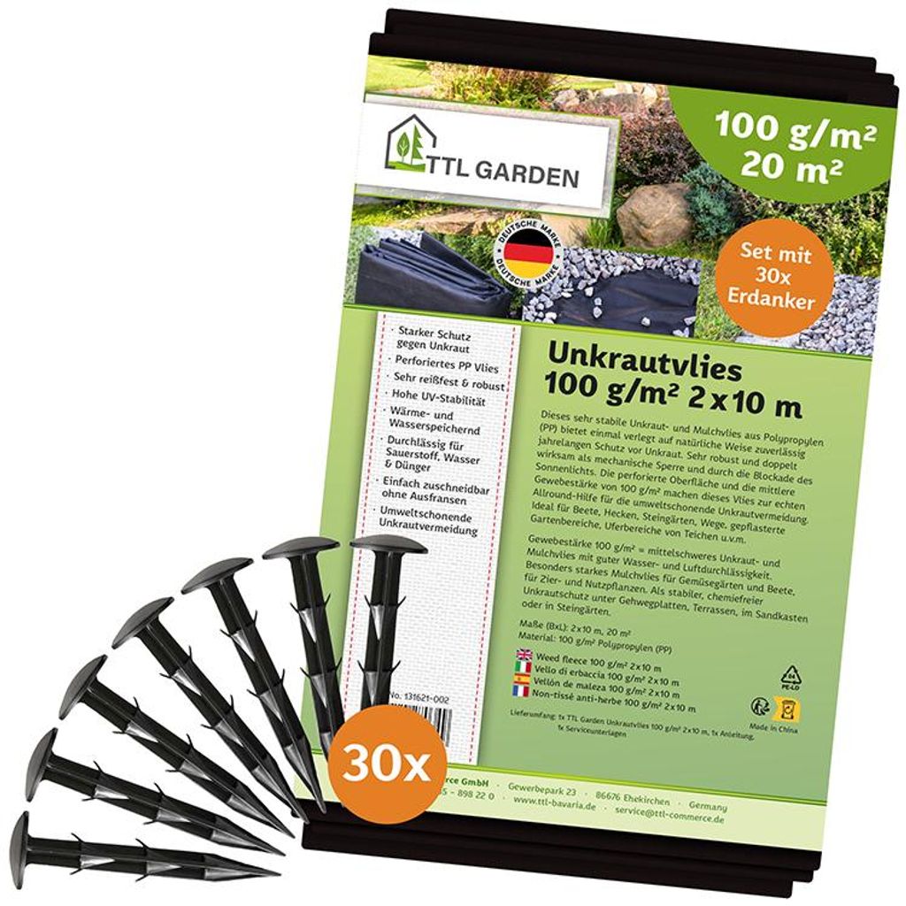TTL GARDEN Unkrautvlies Set 20m² 2x10m 100g/m² + 30 Produktbild 
