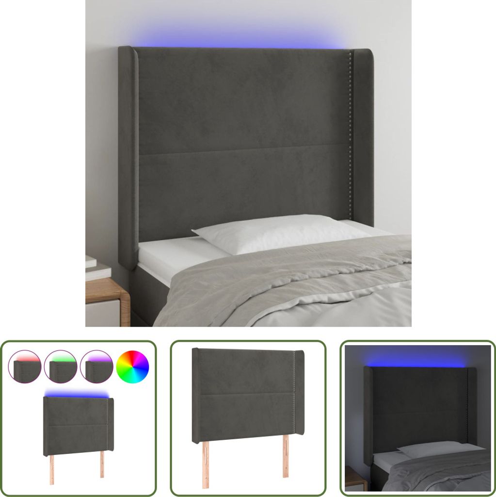 The Living Store LED Kopfteil Dunkelgrau 93x16x118/128 cm Samt