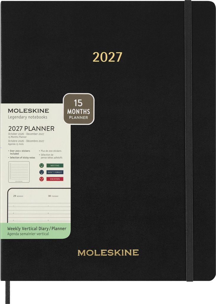 Moleskine 15 Monate Essential Wochenkalender 2026/2027, 1 Wo = 2 Seiten, vertikal, XXL, weicher Einband, Schwarz