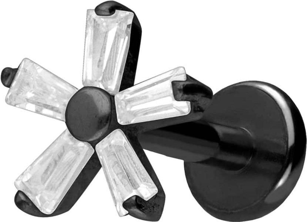 Ohrpiercing, Nasenpiercing Titan Labret mit Push Fit KRISTALLBLUME Schwarz Stablänge: 8mm | Stabstärke: 1,2mm