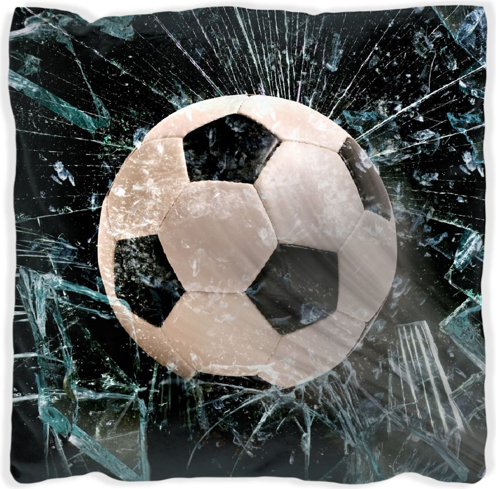 Wallario Premium Kissen, weiche Oberfläche, mit Motiv Fußball - im Fenster, Splitter und Glas, Größe: 60 x 60 cm, mit weißer Rückseite